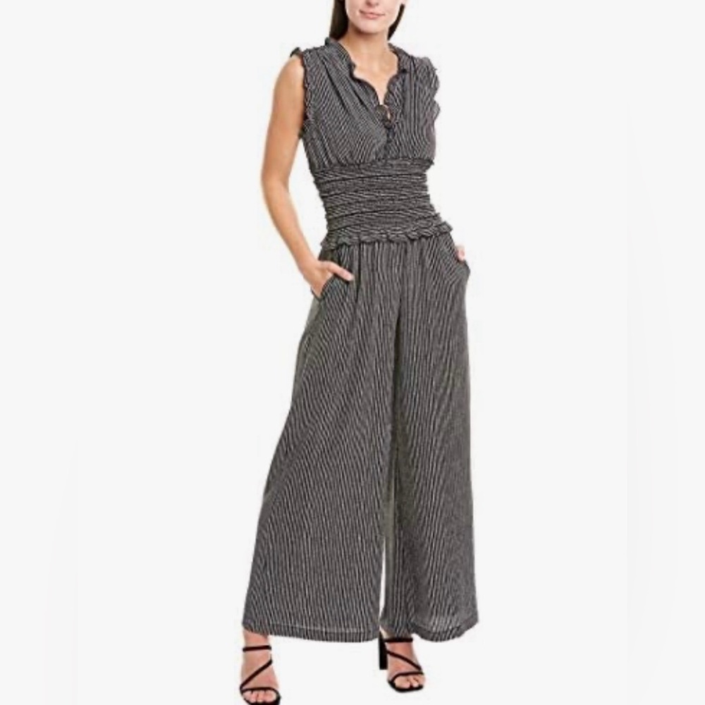 Max Studio V-Neck Smocked Waist Jumpsuit Black and White Size L